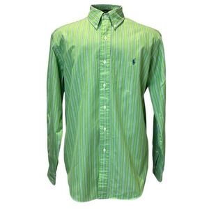 Ralph Lauren Classic Fit Green White Stripe LS Button Down Shirt Mens L Cotton